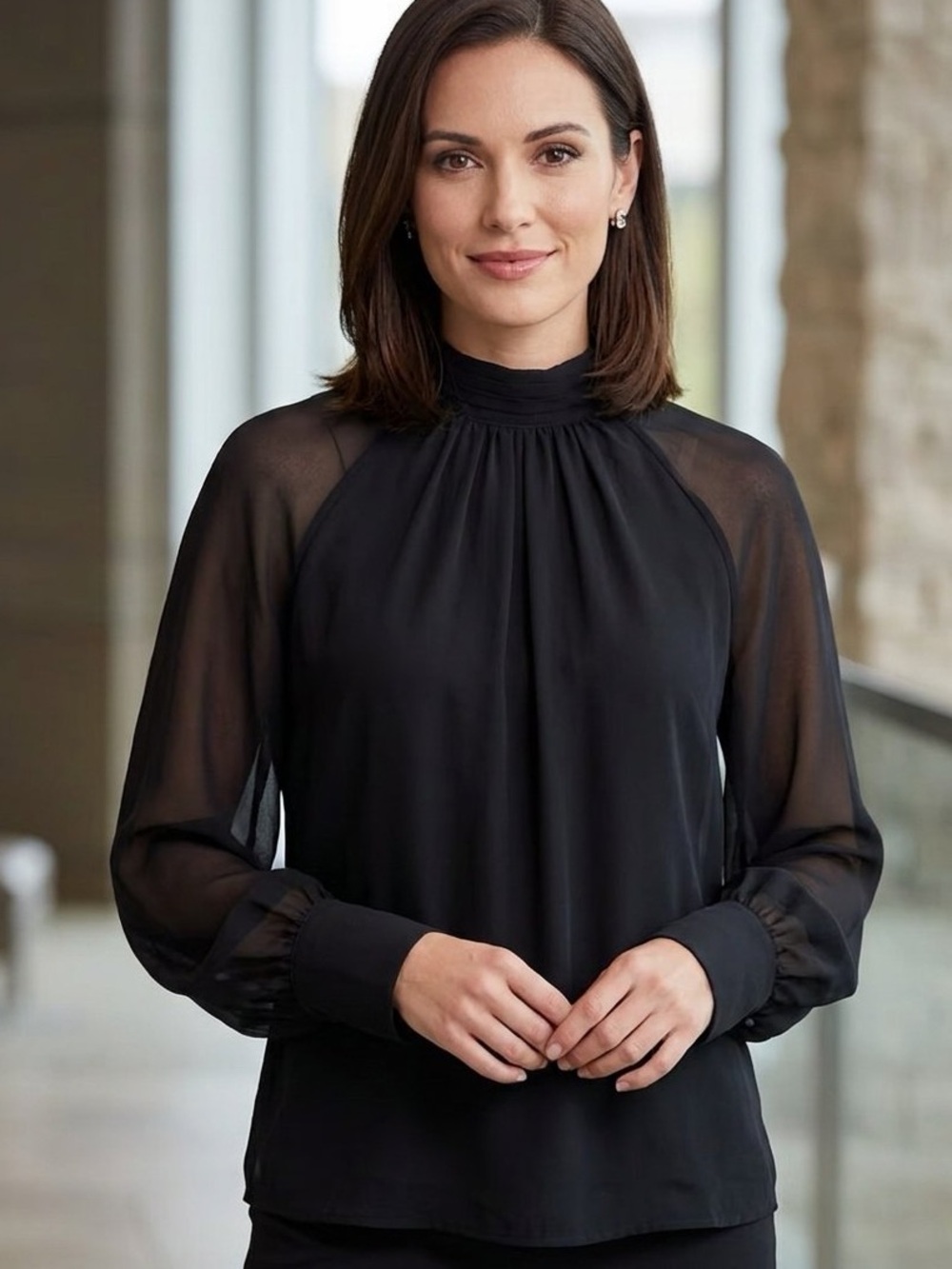 Dynamite Sheer Mock-Neck Long-Sleeve Blouse - Black small
